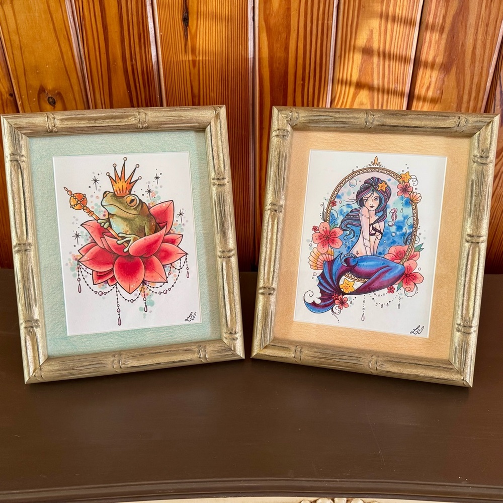 Framed Matted Artwork Set of Two Frog Prince and Mermaid - Picture 4 of 5